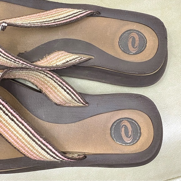 O’Rageous Thong Sandal Low Wedge Style Flip Flops Earthy Neutrals Canvas Stripe - Picture 12 of 15